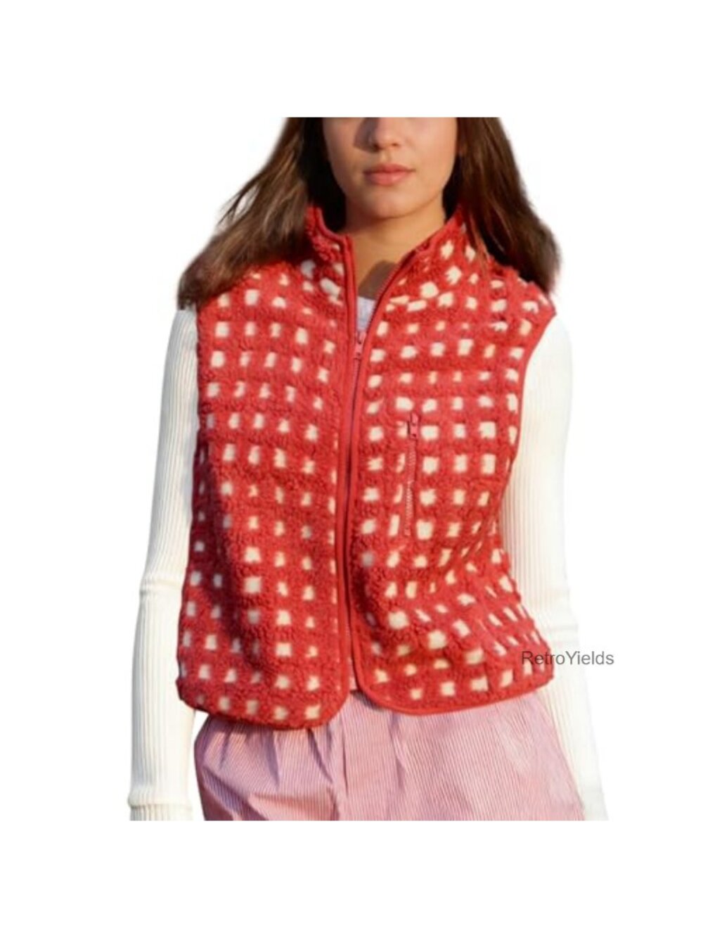 Women Plaid Fleece Vest Sleeveless Sherpa Zip Up Winter Jacket